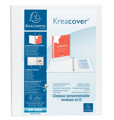 Präsentationsringbuch Kreacover 51946E, A4+ 4 Ringe 25mm Ring-Ø Karton, PP-kaschiert, 2 Außentaschen, 2 Innentaschen, weiß