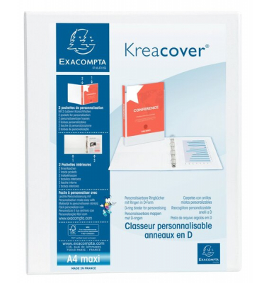 Präsentationsringbuch Kreacover 51922E, A4+ 2 Ringe 30mm Ring-Ø Polypropylen, Karton, 2 Außentaschen, 2 Innentaschen, weiß