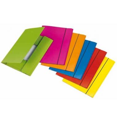 Eckspannmappe VELOCOLOR 4442300, A4 sortiert (gelb/hellrot/orange/hellgr&uuml;n/hellblau/pink) Karton glanzkaschiert 350g, mit 3 Eins