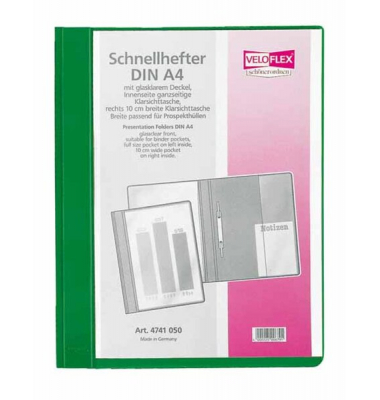 Schnellhefter VELOFORM 4741040, A4+, gr&uuml;n, Kunststoff, 80g, Vorderdeckel transparent