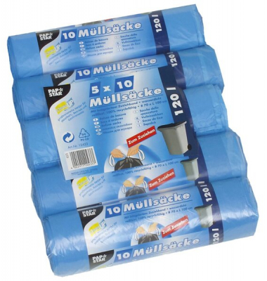 Müllbeutel mit Zugband, HDPE, 120l, 100x70cm, blau