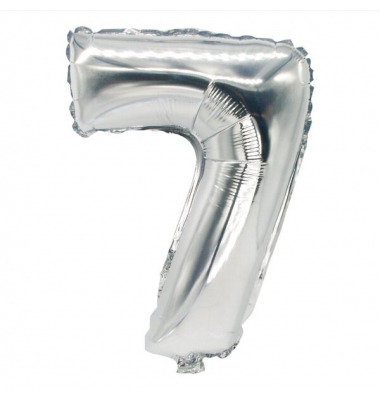 Folienlufballon, 35 x 20cm, "7", silber, mit selbstschließendem Ventil
