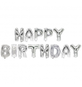 Folienlufballons, Happy Birthday, silber, mit selbstschließendem Ventil