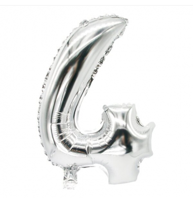 Folienlufballon, 35 x 20cm, "4", silber, mit selbstschließendem Ventil