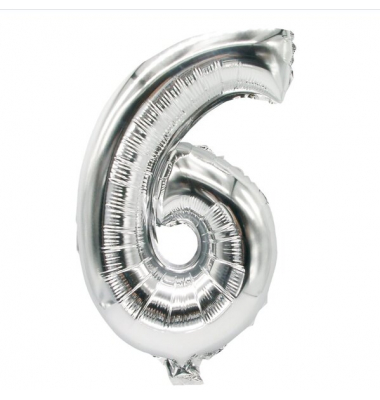 Folienlufballon, 35 x 20cm, "6", silber, mit selbstschließendem Ventil