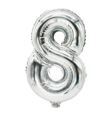 Folienlufballon, 35 x 20cm, "8", silber, mit selbstschließendem Ventil