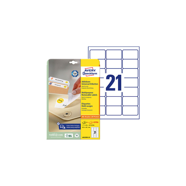 4004182060230 - AVERY Zweckform L6023REV-25 Wiederablösbare Universal-Etiketten DIN A4 Weiß 635 x 381 mm 30 Blatt à 21 Etiketten