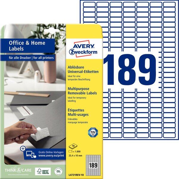 4004182147313 - AVERY Zweckform Ablösbare Universaletiketten L4731REV-10 Selbsthaftend DIN A4 Weiß 254 x 327 x 1 cm 10 Stück à 189 Etiketten