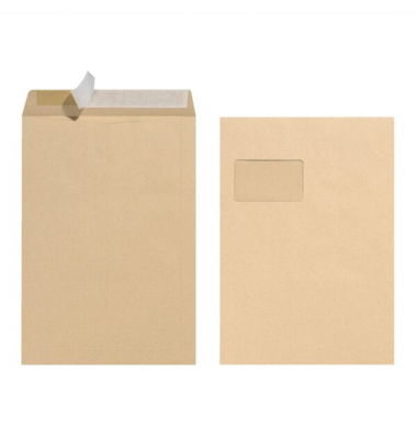 Versandtasche C4, Haftklebung, braun, mit Fenster, 90 g/qm