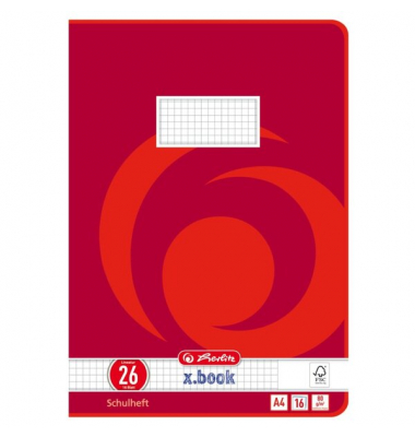 Schulheft 3322609 x.book, Lineatur 26 / kariert mit Rand, A4, 80g, rot, 16 Blatt / 32 Seiten