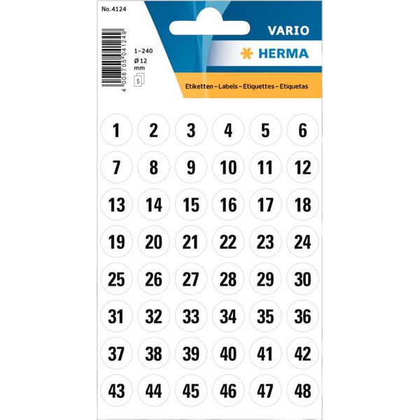 4008705709965 - HERMA Nummernetiketten 1-240 4124 Weiß A4 Ø12 mm 10 Packungen mit 2400 Etiketten 4008705709965 - HERMA Nummernetiketten 1-240 4124 Weiß A4 Ø12 mm 10 Packungen mit 2400 Etiketten