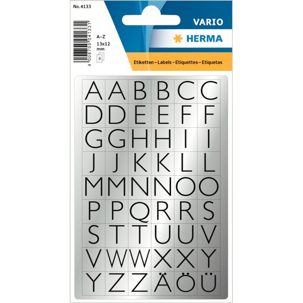 4008705710053 - HERMA 4133 Buchstaben A-Z Etiketten 13 x 12 mm Schwarz auf Silber 10 Packungen mit 2160 Etiketten 4008705710053 - HERMA 4133 Buchstaben A-Z Etiketten 13 x 12 mm Schwarz auf Silber 10 Packungen mit 2160 Etiketten