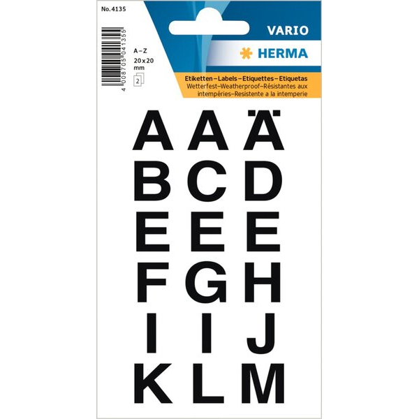 4008705710107 - Buchstaben 20x20mm A-Z wetterfest Folie transparent schwarz 2Bl 1Pack 4008705710107 HERMA 4135 10 Stück 4008705710107 - Buchstaben 20x20mm A-Z wetterfest Folie transparent schwarz 2Bl 1Pack 4008705710107 HERMA 4135 10 Stück