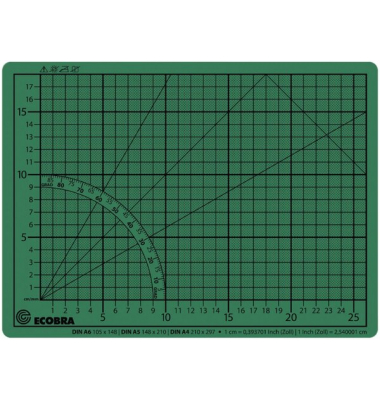 Schneidematte, 30x22cm, grün/schwarz 5-lagig, bedruckt mit 10-und 50mm