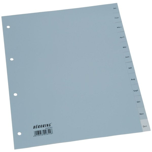 Büroring Kunststoffregister BRG620182, Jan bis Dez, A4, 125µm, graue Taben, 12-teilig 4016058028558 Büroring