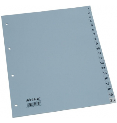 Büroring Register, 1-20, A4, PP-Folie, grau, 125 my