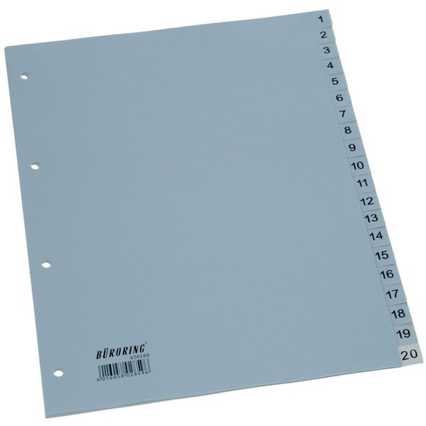 Büroring Kunststoffregister BRG620180, 1 bis 20, A4, 125µm, graue Taben, 20-teilig 4016058028596 Büroring