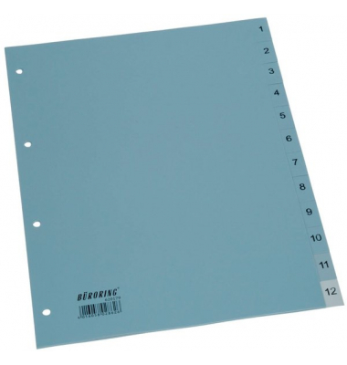 Kunststoffregister BRG620179, 1 bis 12, A4, 125&micro;m, graue Taben, 12-teilig