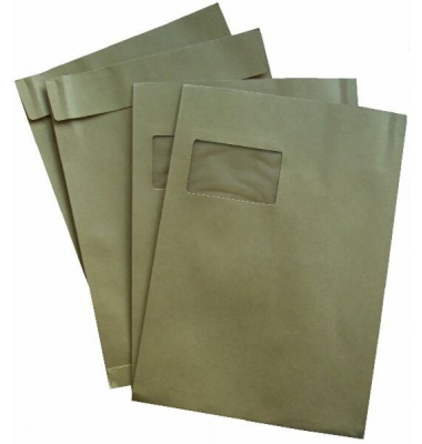 Faltentaschen C4 mit Fenster 20mm Falte haftklebend 120g braun