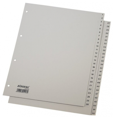 Kunststoffregister BRG620183, 1 bis 52, A4, graue Taben
