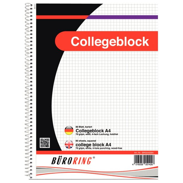 4016058051426 - Collegeblock 543584   kariert A4 70g 80 Blatt 4016058051426 Büroring