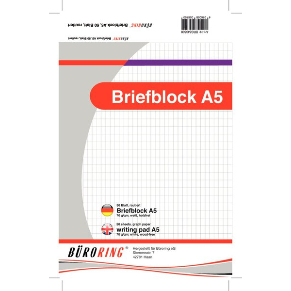 4016058056100 - Briefblock A5 rautiert holzfrei weiß 50 Blatt 4016058056100 Büroring