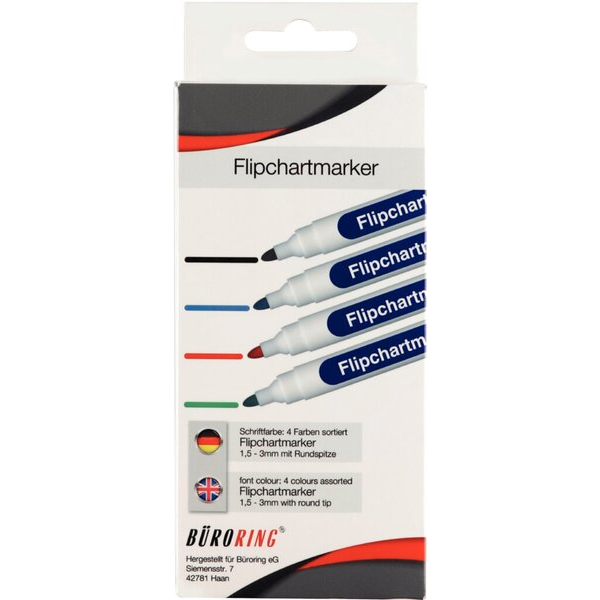 4016058223700 - Flipchartmarker 223019 Packung rotblaugrünschwarz 15-3mm Rundspitze 4016058223700 Büroring