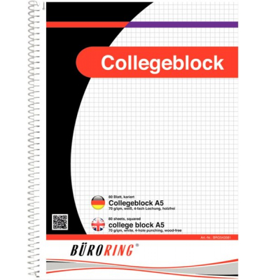 Collegeblock 543581, kariert / kariert, A5, 70g, weiß/schwarz, 80 Blatt