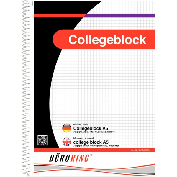4016058435813 - Collegeblock 543581   kariert A5 70g 80 Blatt 4016058435813 Büroring