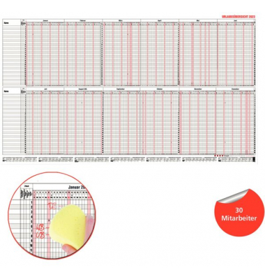 Urlaubsplaner 12-40MB, 12 Monate / 1 Seite, 98,5x60cm, f&uuml;r 30 Mitarbeiter, 2027