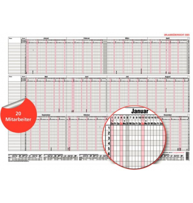 Urlaubsplaner 12-20, 12 Monate / 1 Seite, 600x420mm, f&uuml;r 20 Mitarbeiter