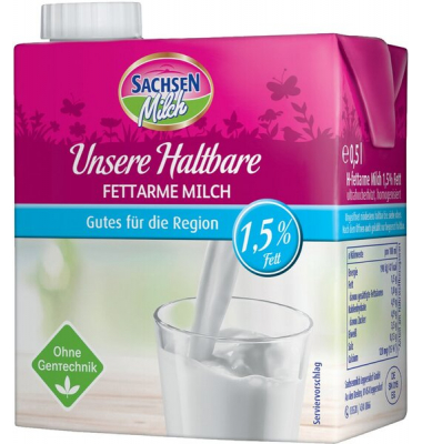Sachsen H-Milch, 1,5 %, 0,5 Liter mit Schraubverschluss, ultrahocherhitzt