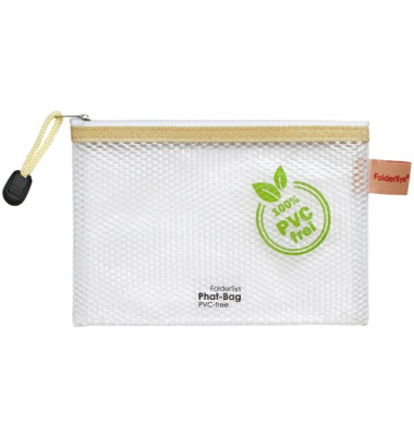 PVC-freier Reißverschluß-Beutel A6 transparent/beige, weißer Reiß-