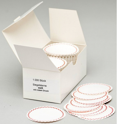 Siegelsterne wei&szlig; mit rotem Rand, &Oslash; 51 mm, gum., gewellter Rand