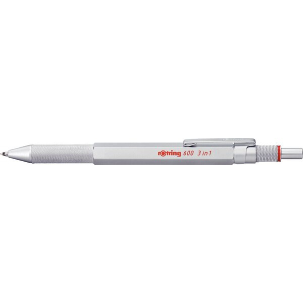4895151559035 - rOtring 6 3-in-1-Schreibgerät mit Kugelschreiber und Druckbleistift | Kugelschreiber mit 2 feinen Spitzen (schwarze und rote Tinte) | 1 Druckbleistift mit Spitze (5-mm-Mine) | Silber