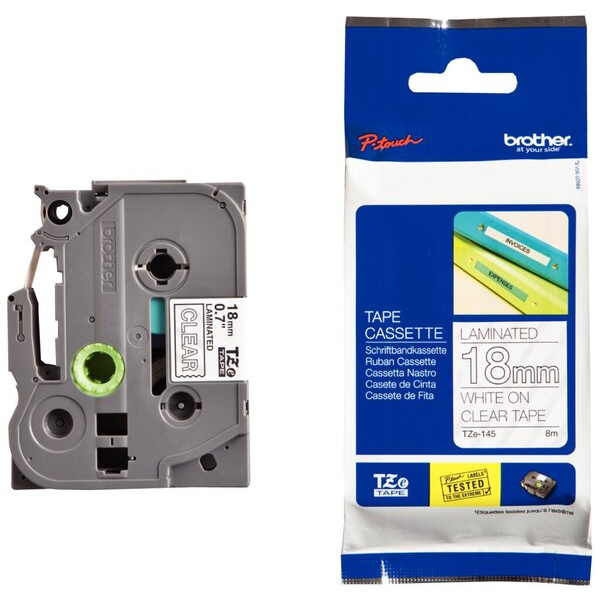 4977766684965 - TZe 145 - Laminiertes Klebeband - weiß auf durchsichtig - Rolle (18 cm x 8 m) - 1 Rolle(n) - für P-Touch PT-123