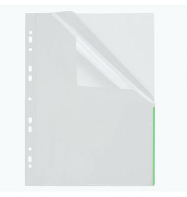 Prospekthüllen Index 46325-50 mit farbigem Rand, A4, glasklar glatt, oben & rechts halb offen, 0,11mm