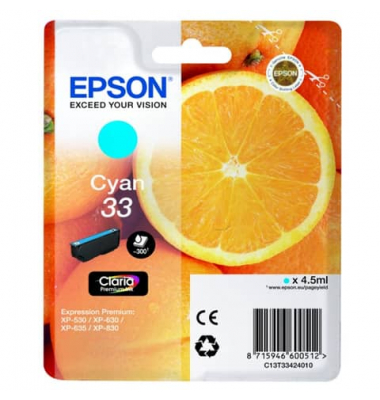 Druckerpatrone 33 / T3342 C13T33424012 (kompatibel zu Epson 33), cyan, ca. 300 Seiten