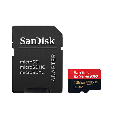 Speicherkarte Extreme PRO SDSQXCD-128G-GN6MA, Micro-SDXC, mit SD-Adapter, V30, bis 200 MB/s, 128 GB