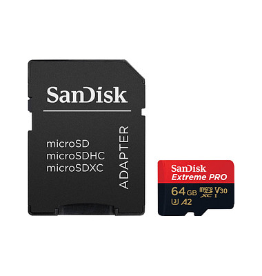 Speicherkarte Extreme PRO SDSQXCU-064G-GN6MA, Micro-SDXC, mit SD-Adapter, V30, bis 200 MB/s, 64 GB