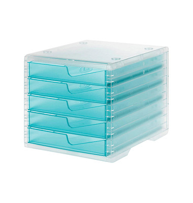 Schubladenbox styroswingbox light  aqua DIN C4 mit 5 Schubladen
