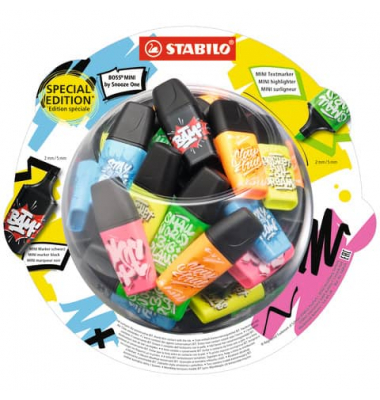 Textmarker STABILO BOSS MINI by Snooze One Bonbonglas, 07/50-10-1, Rundbox, 6-farbig sortiert, 2-5mm Keilspitze