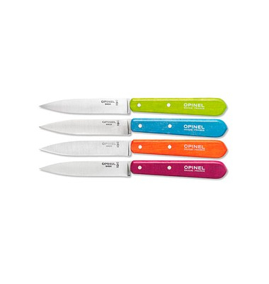 4 OPINEL Kochmesser silber, blau, silber, grün, silber, orange, silber, violett glatt, Klinge: 9,6 cm 4 OPINEL Kochmesser silber, blau, silber, grün, silber, orange, silber, violett glatt, Klinge: 9,6 cm