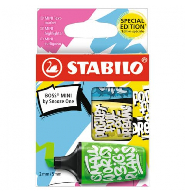 Textmarker STABILO BOSS MINI by Snooze One, 07/03-61, Etui, farbig sortiert, 2-5mm Keilspitze