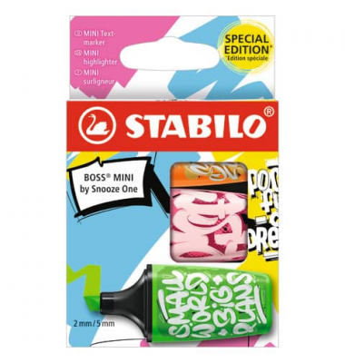Textmarker STABILO BOSS MINI by Snooze One, 07/03-71, Etui, farbig sortiert, 2-5mm Keilspitze