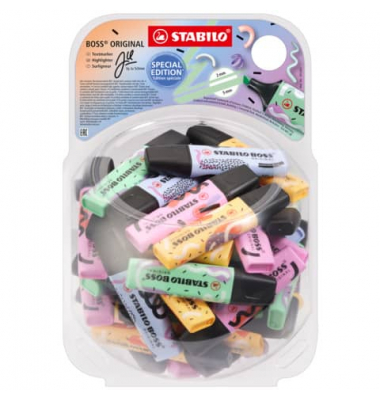 Textmarker STABILO BOSS ORIGINAL by Ju Schnee Bonbonglas, 70/60-1-101, Display, 4-farbig sortiert, 2-5mm Keilspitze