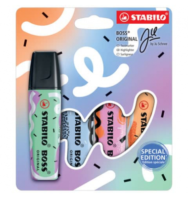 Textmarker BOSS ORIGINAL by Ju Schnee, 70/4-1-101-5, Etui (4 #), farbig sortiert (mint/wolkenblau/fuchsia/orange), 2-5mm Keilspi