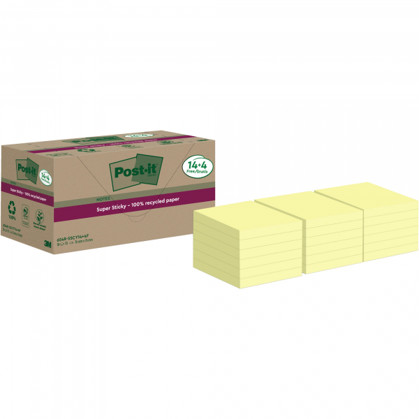 4064035060893 - Post-it® Haftnotizen Super Sticky Recycling Notes 654 RSSCY 14+4F B 76 x T 76 mm PEFC®-Papier gelb 14 + 4 Blöcke gratis 70 Blatt Block
