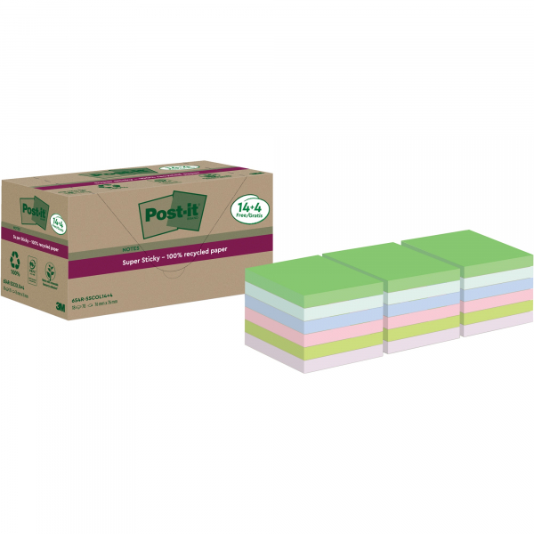 4064035060923 - Post-it® Haftnotizen Super Sticky Recycling Notes 654 RSSCOL 14+4F B 76 x T 76 mm PEFC®-Papier farbig 14 + 4 Blöcke gratis 70 Blatt Block