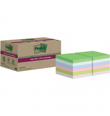 Haftnotizen 622 RSS12COL, Super Sticky Recycling Notes, 48x48mm, farbig sortiert (blau/rosa/gr&uuml;n/flieder/mint), quadratisch